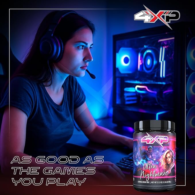4XP Ultra Nightmare Watermelon Gaming Energy Drink Mix| Low-Caffeine Nootropic Powder with B Vitamins &amp Watermelon Flavor for Gamers | 50-Serving Container