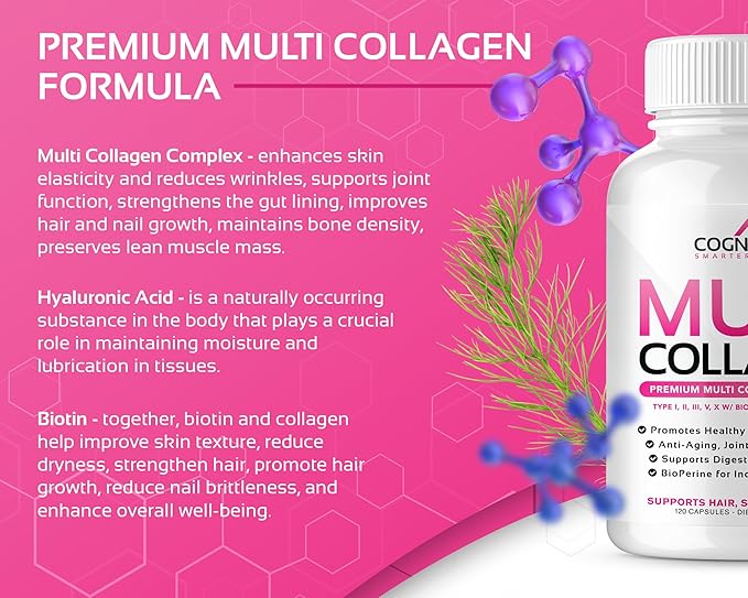 CogniTune Multi Collagen Peptides for Women with Biotin Hyaluronic Acid Vitamin C - 5 Types I II III V X Colageno Hidrolizado - 2000mg Hair Skin Nails Joints Support - 120 Capsules