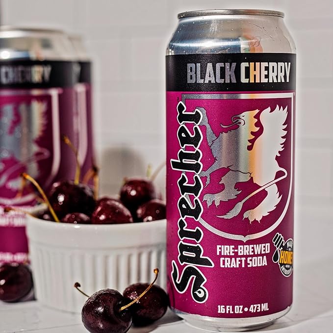 Sprecher Black Cherry Soda 16 fl oz Cans (12 Pack) Fire-Brewed with Real Honey &amp Door County Cherry Juice – Handcrafted Caffeine-Free Gourmet Beverage