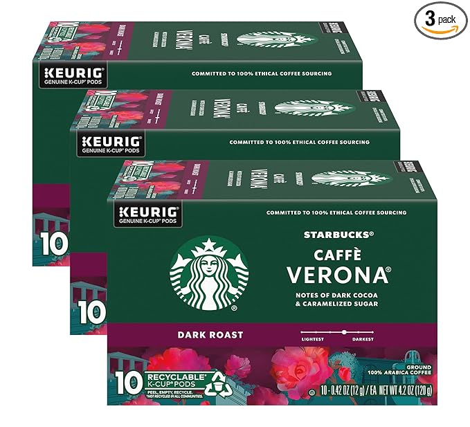 Starbucks Coffee K-Cup Pods Caffè Verona Dark Roast Coffee with Notes of Dark Cocoa &amp Caramelized Sugar Keurig Genuine K-Cup Pods 10 CT K-Cups/Box (Pack of 3 Boxes)