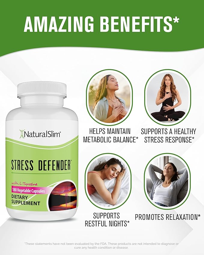 NaturalSlim Stress Relief Supplement - Stress Defender High Cortisol Reducer Control Cravings Sleep &amp Metabolism Support with Vitamin B5 Pantothenic Acid &amp L Tyrosine - 180 Vegetable Capsul