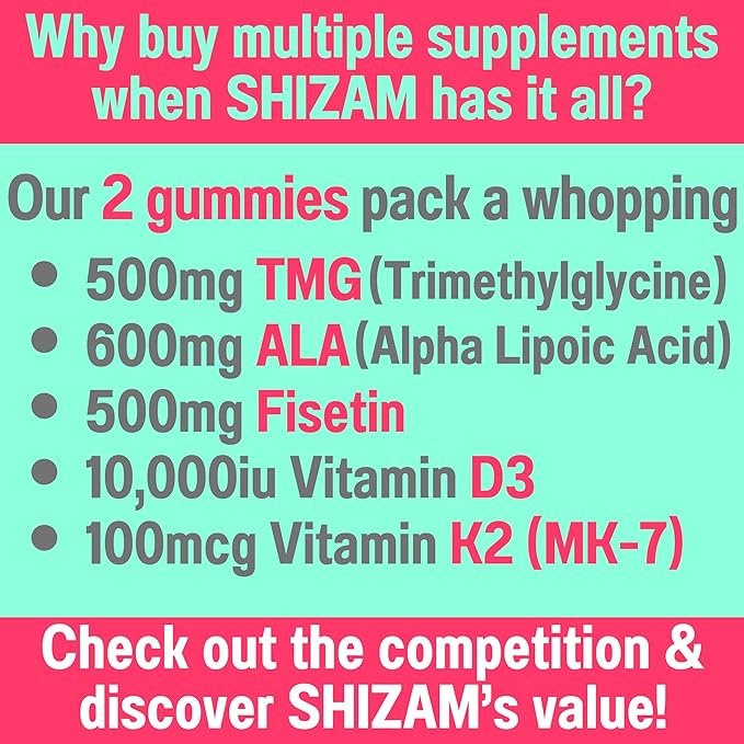 SHIZAM TMG Betaine Alpha Lipoic Acid ALA D3 Fisetin Gummies Tri-Methylglycine trimethylglycine R-Alpha NAD+ Plus + HCL Supplements Mitochondrial Senolytic Activator NR Capsules Powder 600mg 1000mg