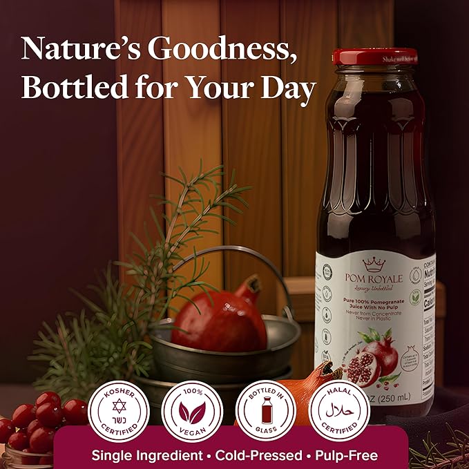 Pure Pomegranate Juice No Pulp 8.4 Ounce Glass Bottle (Pack of 15) Cold Pressed Juice Not from Concentrate Non-GMO No Sugar Added Gluten Free Kosher Certified Preservative Free