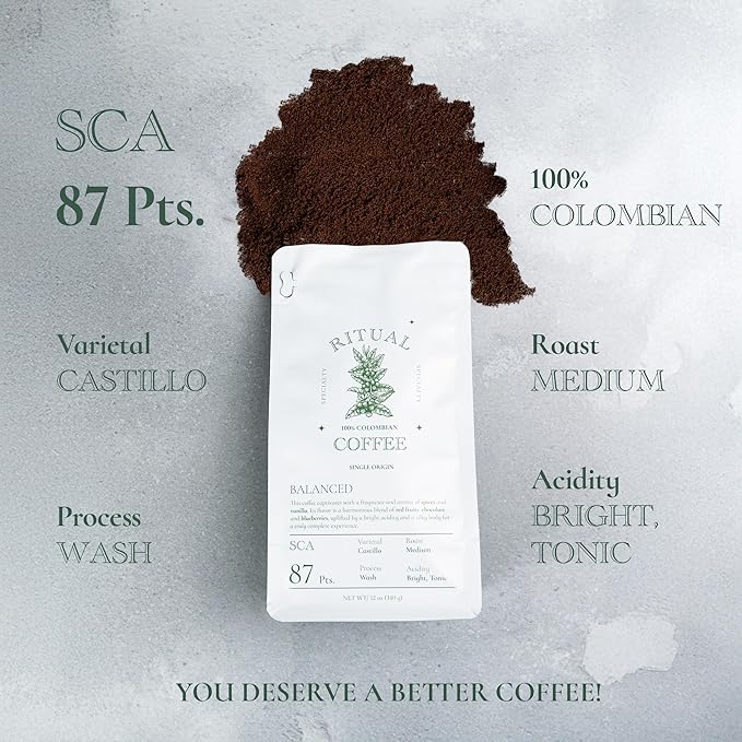 Ritual Specialty Coffee - Colombian Single Origin Ground Coffee Low Acid Balanced SCA 87+ Score (Chocolate Red Fruits Blueberry) Medium Roast 12oz (340g) 100% Arabica Castillo