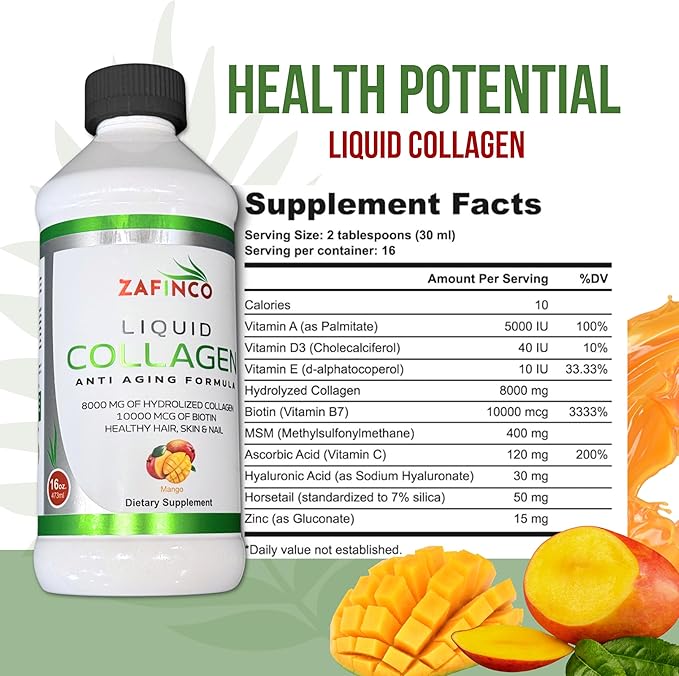 Best liquid collagen (mango flavor) US made &amp Lab tested sugar free premium peptides for women &amp men. powerful 10000 mcg Biotin+ 8000 mg hydrolyzed for anti aging glowing skin hair nail+ join