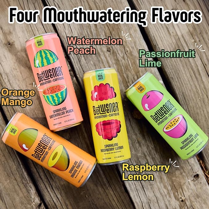 Betweener Sparkling Energy Seltzer Sparkling Water w/Real Juice &amp 100mg Caffeine Light &amp Refreshing L-Theanine for Focus Vitamins B+C - Low Sugar - 45 Cals - Variety Pack (12 Pack)