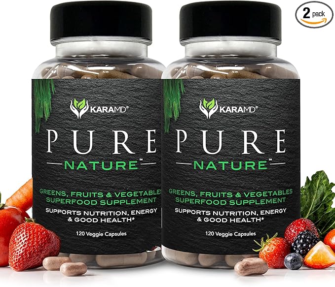 KaraMD Pure Nature | Greens Fruit and Veggies Supplement | Vitamins Fiber &amp Antioxidants | 20 Fruits and Vegetables Supplements for Energy &amp Digestion | Gluten Free &amp Vegan Friendly (2 P