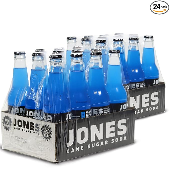 Jones Soda Co. Blue Bubblegum Soda Flavor | 100% Cane Sugar Soda | Craft Soda Pop | Soda Soft Drinks | 12 Oz Glass Bottle Soda |Pack of 24