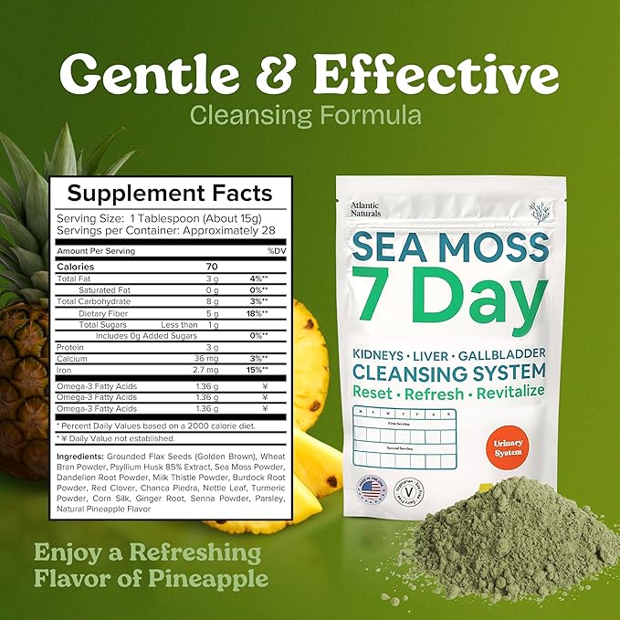Atlantic Naturals Sea Moss 7 Day Detox Liver Gallbladder &amp Kidney Cleanse - Support with Dandelion Root Milk Thistle Burdock Root Red Clover Chanca Piedra - Pineapple Flavor Drink Mix (14 oz)
