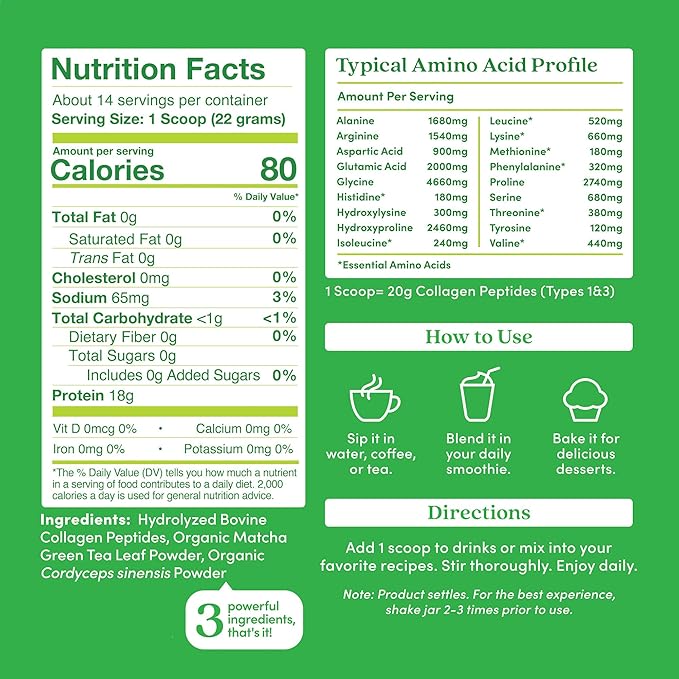 Further Food Matcha Collagen Peptides Powder - Organic Matcha &amp Cordyceps for All Day Energy Mental Clarity &amp Immunity &amp Premium for Gut Health Joints Skin Hair &amp Nails 10.62 oz