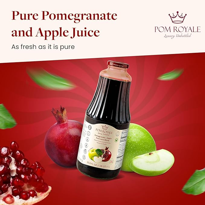 Pure Pomegranate &amp Apple Juice 33.8oz Glass Bottle (Pack of 4) Cold Pressed Juice Not from Concentrate Non-GMO No Sugar Added Gluten Free Kosher Certified Preservative Free