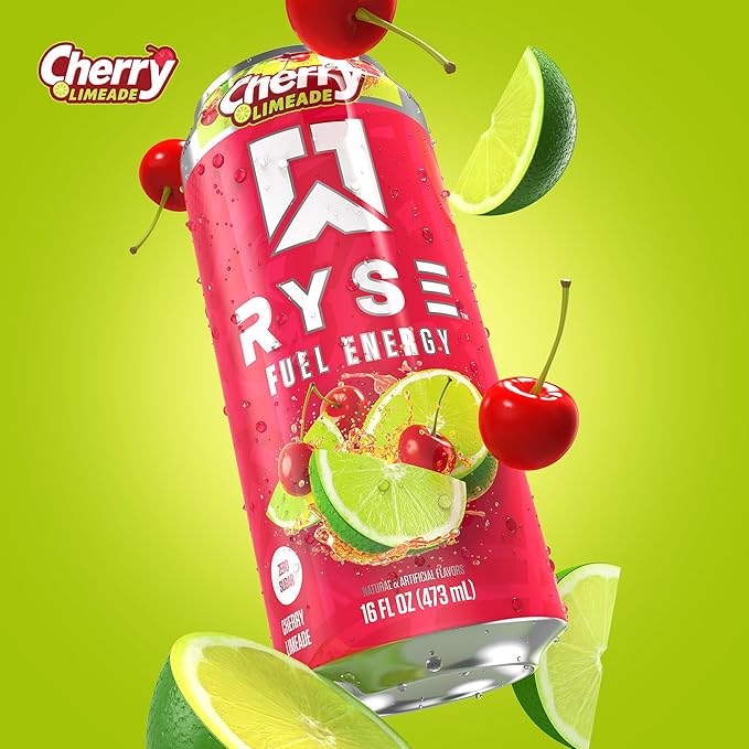 RYSE Fuel Energy Drink - Cherry Limeade - Sugar Free Gluten Free &amp Vegan - 200mg Natural Caffeine Taurine &amp Choline for Focus &amp Energy - No Artificial Colors - 16 fl oz Cans (12-Pack)