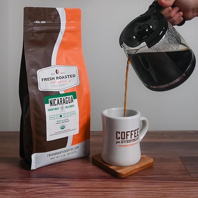 Fresh Roasted Coffee Organic Nicaragua | USDA Organic Kosher | Medium Roast 2 lb (32 oz) Whole Bean