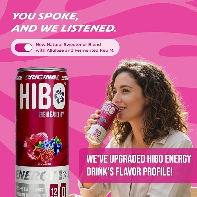 HIBO Healthy Energy Drink Sugar Free – Gluten-Free &amp Gut-Friendly Prebiotic Fiber with 140mg Caffeine &amp 60mg Green Coffee Extract Electrolytes – Supports Immunity &amp Focus - Pack of 12 Pa