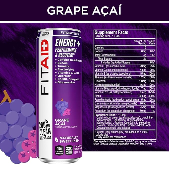 LIFEAID FITAID Energy Grape AÇAI 200mg Natural Caffeine Keto Pre-Workout Performance: BCAAs Quercetin Electrolytes Omega-3s 15 Calories Paleo Vegan &amp Gluten-Free 12-oz (Pack of 12)