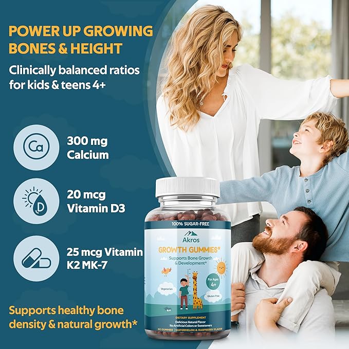 Akros Growth Gummies for Kids &amp Teens | Sugar-Free Calcium + Vitamin D3 &amp K2 Gummies - Height &amp Bone Support | Ashwagandha Spirulina L-Arginine | Non-GMO Gluten-Free 60 Raspberry-Water