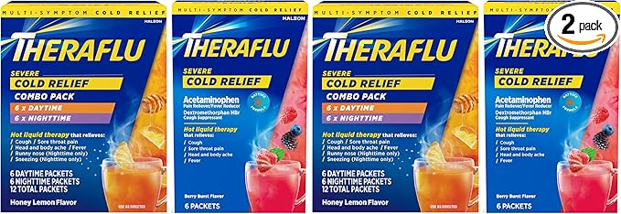 Theraflu Combo Daytime and Nighttime Severe Cold Relief Honey Lemon Flavor Powder_ and Daytime Severe Cold Relief Berry Burst Flavor Powder _6 Daytime + 6 Nighttime and 6 Berry Burst Powder Packets