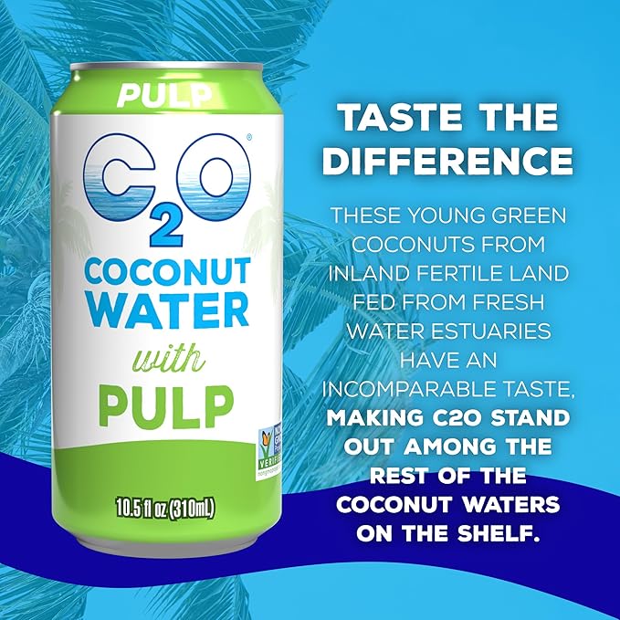C2O - Coconut Water with Pulp (24 Pack 3 Boxes of 8) - Made with Fresh Coconut Water - Plant Based Non GMO Canned Water - Natural Hydration Essential Electrolytes &amp Potassium - 24 Cans 10.5 F