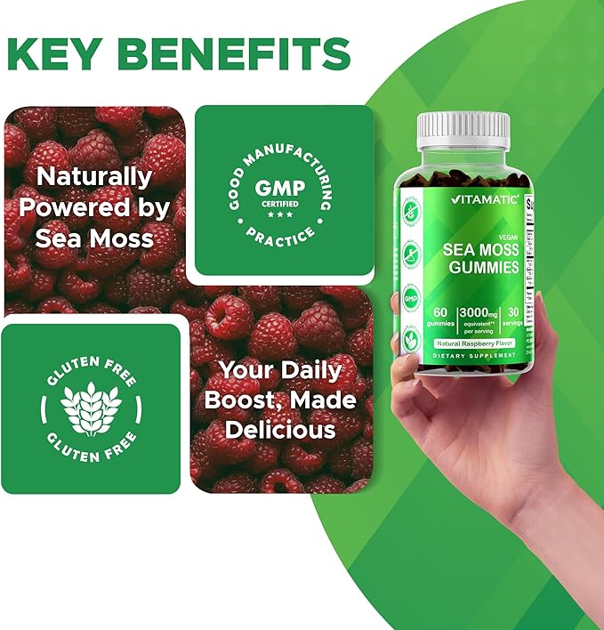 Vitamatic 3 Pack Irish Sea Moss Gummies- 3000mg Equivalent Per Serving - 60 Ct - Made with Bladderwrack &amp Burdock Root - Seamoss Supplement for Thyroid Energy Immune Support