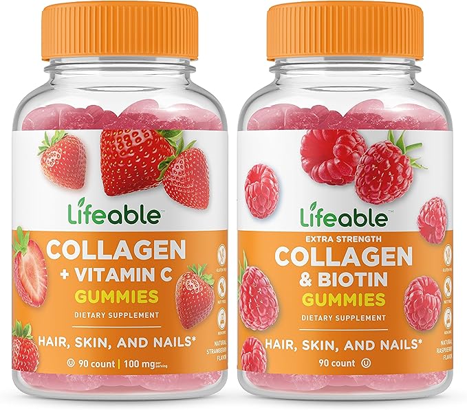 Lifeable Collagen &amp Vitamin C + Collagen &amp Biotin Gummies Bundle - Great Tasting Vitamin Supplement Gluten Free GMO Free Chewable Gummy
