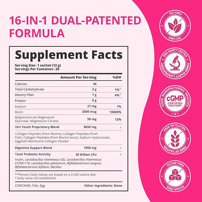 Collagen Powder for Women Collagen Peptides Powder with Probiotics Prebiotic Collagen Protein for Skin Hair Bone &amp Joint | 16-in-1 Sugar-Free Formula Unflavored