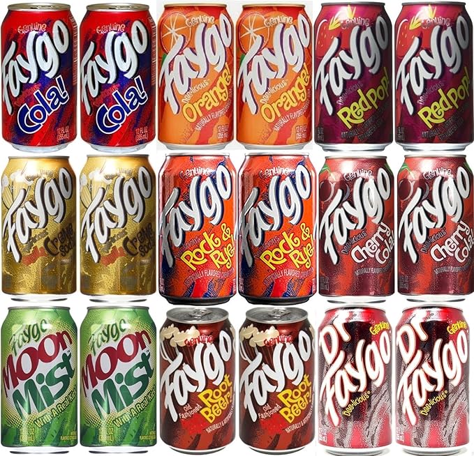 Faygo Soda Pop Soft Drink Variety 18 pack of 12oz Cans - 2 each Redpop Vanilla Cream Creme Soda Rock and Rye Moon Mist Root Beer Rootbeer Orange Black Cherry Dr Faygo and Cola Great for office