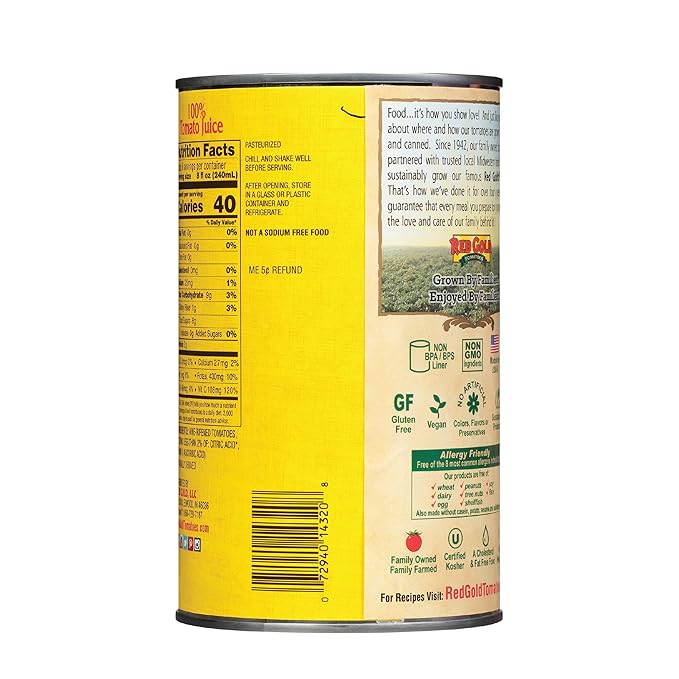 Red Gold Fresh Tomato Juice No Salt Added Kosher and Gluten Free 46 Ounce Can 2-Pack