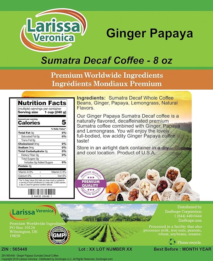 Ginger Papaya Sumatra Decaf Coffee (Gourmet Naturally Flavored Whole Coffee Beans) (8 oz ZIN: 565448) - 3 Pack