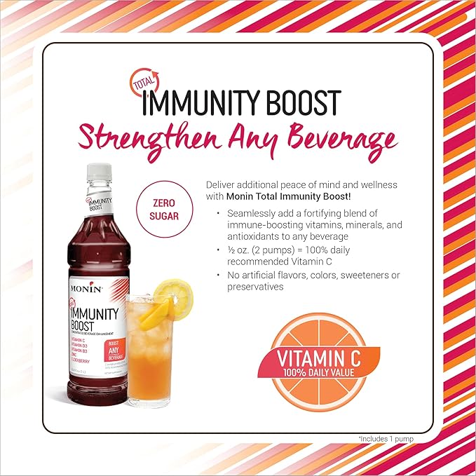 Monin - Total Immunity Boost Liquid Blend of Vitamins Minerals &amp Antioxidants Immune Boosting Vitamin C &amp D + Elderberry For All Beverages Low Calorie (1 Liter + Pump)