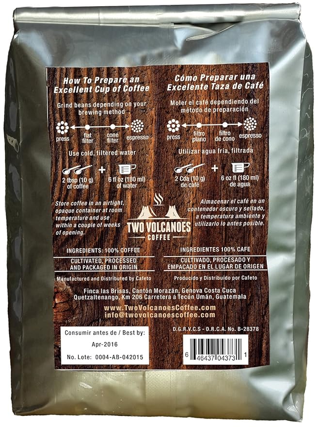 Two Volcanoes Ground Coffee - Dark Roast Espresso Blend - 2 lb bag - Guatemala Delicious Gourmet Coffee. Great for French Press. Get The Kick Enjoy The Smoothness!