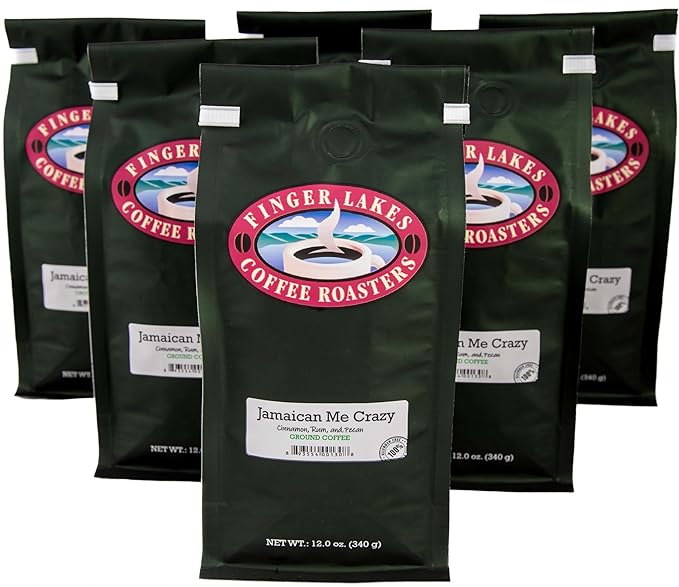 Finger Lakes Coffee Roasters Flavored Ground Coffee – (12 oz Bags) – Medium Dark or Light Roast – Small-Batch Artisan Blends Since 1996 – Freshly Roasted Gourmet Coffee (6 Bags Jamaican Me Crazy)