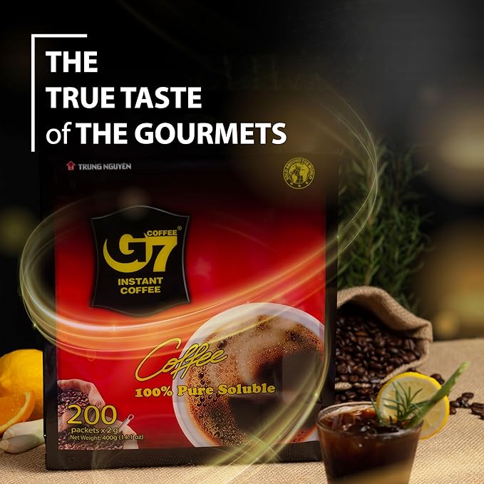 TRUNG NGUYEN G7 PURE BLACK Instant Coffee for Energy Boost - 100% Soluble Coffee Without Sugar - Strong Pure &amp Rich Vietnamese Instant Energy - Original Taste for Connoiseurs (200 Sachets/Bag)