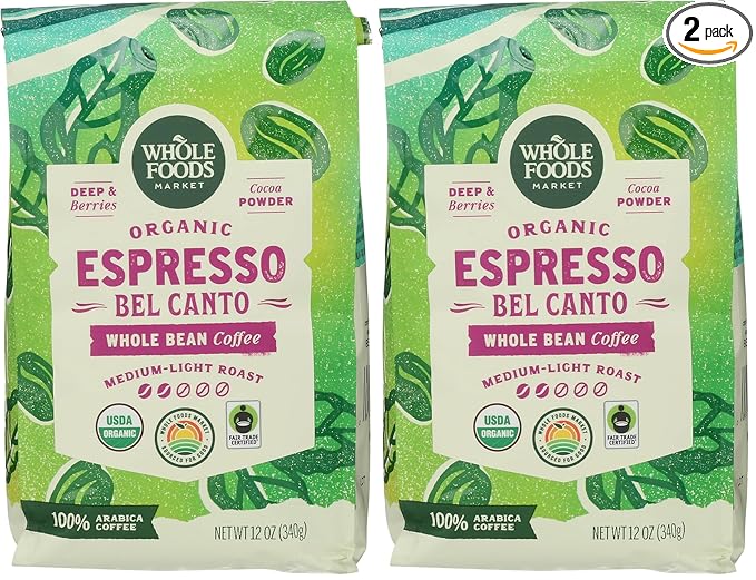 WHOLE FOODS MARKET Organic Whole Bean Bel Canto Coffee 12 OZ (Pack of 2)