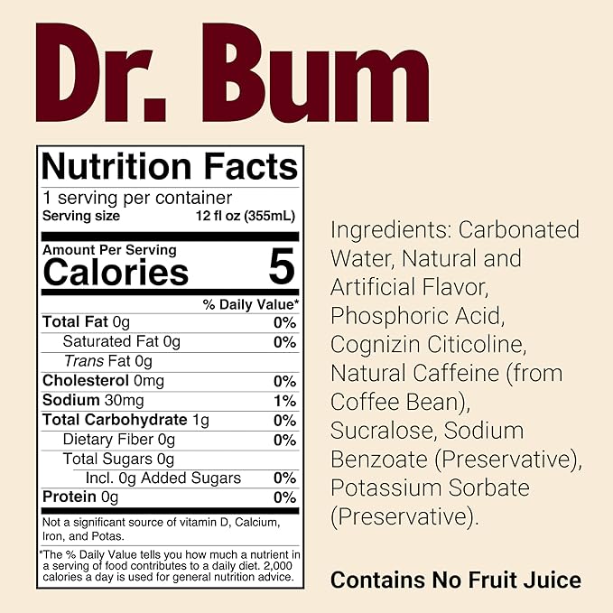 BUM Sugar-Free Energy Drink Dr BUM - Lightly Carbonated &amp No Artificial Colors Natural Caffeine &amp Citicoline for Energy &amp Focus Brain Boost &amp Workout Sports Beverage - 12 oz 12-Pac