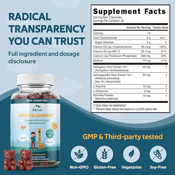 Akros Growth Gummies for Kids &amp Teens | Sugar-Free Calcium + Vitamin D3 &amp K2 Gummies - Height &amp Bone Support | Ashwagandha Spirulina L-Arginine | Non-GMO Gluten-Free 60 Raspberry-Water