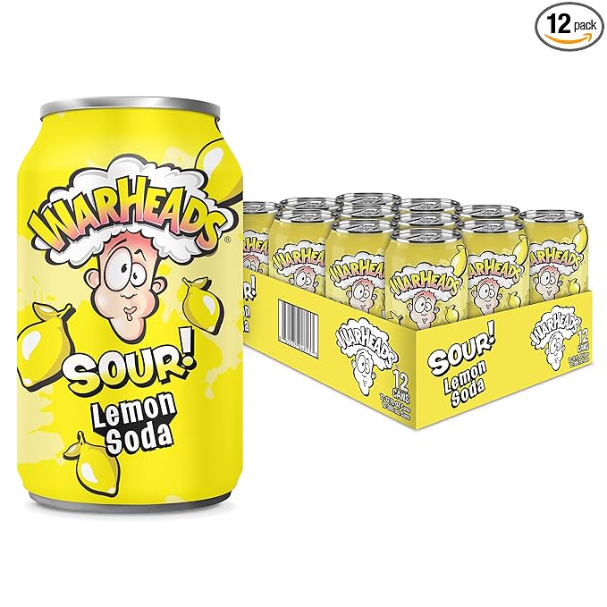 Sour Fruity Soda with Classic Warheads Flavors – Perfectly Balanced Sweet and Sour Soda - Warheads Candy Throwback Treat Soda Cocktail Mixer Pack of 12 12oz Cans (Lemon)