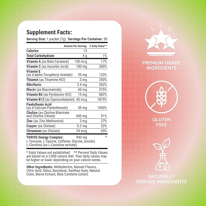 Thrive Activate - Focus &amp Energy Drink Powder Mix with Real Flavor 30 Packets- Enhanced Energy Performance Vitamin C Vitamin E B12 for Mental Clarity (30 Packet Watermelon)