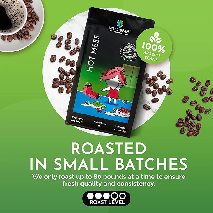 Well-Bean Coffee - Hot Mess Coffee Beans Nicaraguan Microlot Whole Bean Coffee Gluten-Free Keto Coffee Antioxidant Rich Coffee Beans Whole Medium Roasted Coffee 2 lb