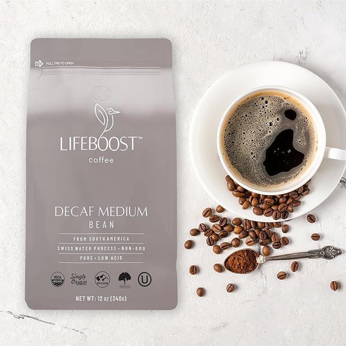 Lifeboost Medium Roast Swiss Water Decaf Whole Bean Coffee - Low Acid Organic Decaf Coffee Non-GMO USDA Organic Single Origin Third-Party Tested for Mycotoxins &amp Pesticides - 12 oz Bag