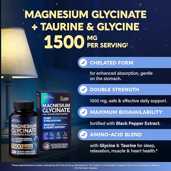 Magnesium Glycinate - Sleep &amp Relaxation Support - Extra Strength Glycinate Glycine &amp Taurine 1500 mg - Magnesium Supplement for Women &amp Men - Chelated &amp High Absorption - Made in USA