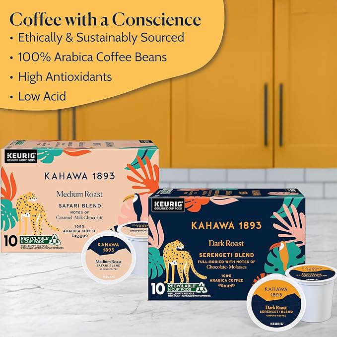 Kahawa 1893 Variety Pack Coffee K-Cup Pods - Safari &amp Serengeti Blend (40 Count) - As Seen on Shark Tank 2 Boxes Medium Roast + 2 Boxes Dark Roast Ethically &amp Sustainably Sourced