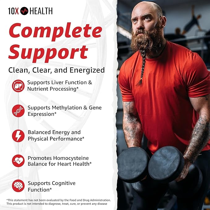 10X Health TMG Supplements - Trimethylglycine Supplement for Liver Support Heart Wellness Energy Homocysteine Levels - TMG Capsules with Betaine Anhydrous - Non-GMO &amp Gluten-Free - 60 Capsules