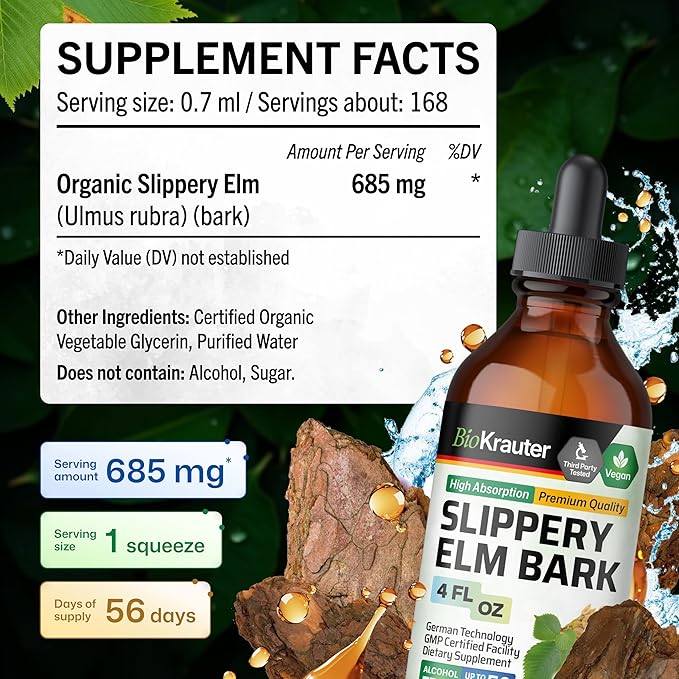 BIO KRAUTER Slippery Elm Bark Tincture - Pure Slippery Elm for Women &amp Men - 4 Fl.Oz. 56 Days of Supply - Throat &amp Voice Support - Vegan Liquid Drops for Lungs - Respiratory &amp Digestive He
