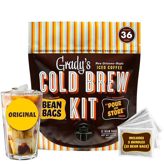 GRADY’S COLD BREW New Orleans Style 100% Arabica Ground Coffee &amp Chicory Pouches All-in-One Cold Brew Kit with 12 Easy-to-Brew Beans Bags Makes 36 drinks