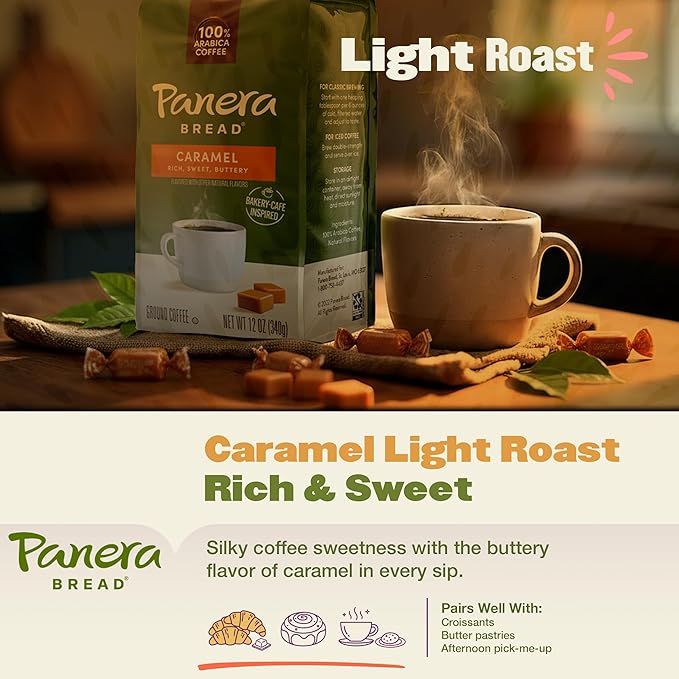Panera Caramel Light Roast Ground Coffee 100% Arabica Naturally Flavored Caramel Rich Buttery Taste Sustainably Sourced 12oz Bag Pack of 6 (72 oz Total)