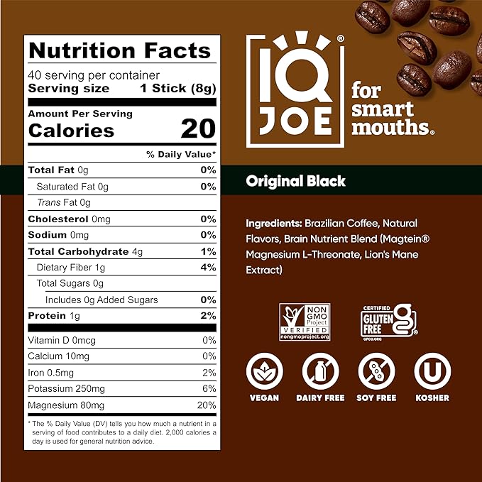 IQJOE Mushroom Coffee Packets (40 Servings) Lion’s Mane Magtein Magnesium Antioxidants Adaptogens - Original Black - Instant Coffee for Focus Clarity Mood Energy Boost - Sugar Free Keto Vegan