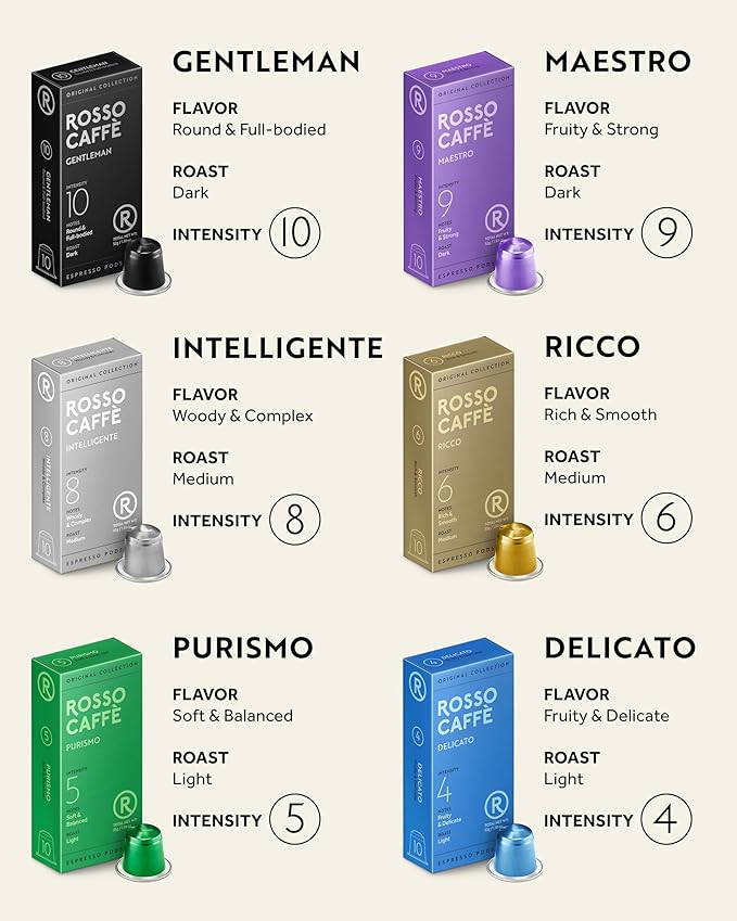 ROSSO CAFFÈ 60 Espresso Coffee Pods for Nespresso Original Machines - Premium Capsule Sampler Variety Pack 6 Flavors Rich Breakfast to Intense Roasts