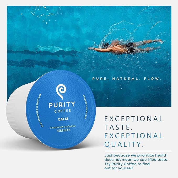 Purity Coffee CALM Decaf Medium Roast K Pod Capsules (12ct Box) | Specialty-Grade USDA Organic Mountain Water Process Decaffeinated Blend | Third Party Tested for Mold Mycotoxins &amp Pesticides