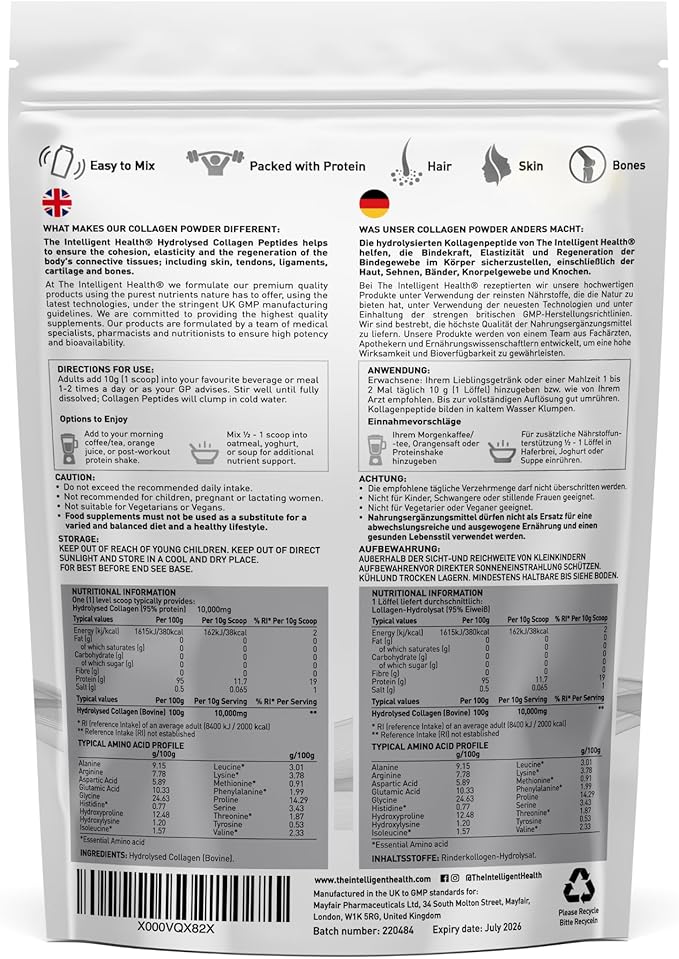 The Intelligent Health Hydrolyzed Collagen Peptides Powder Grass Fed High Protein Unflavored Gluten-Free Paleo &amp Keto Friendly 10g per Serving (1kg) Supports Skin Hair Nails Joints &amp