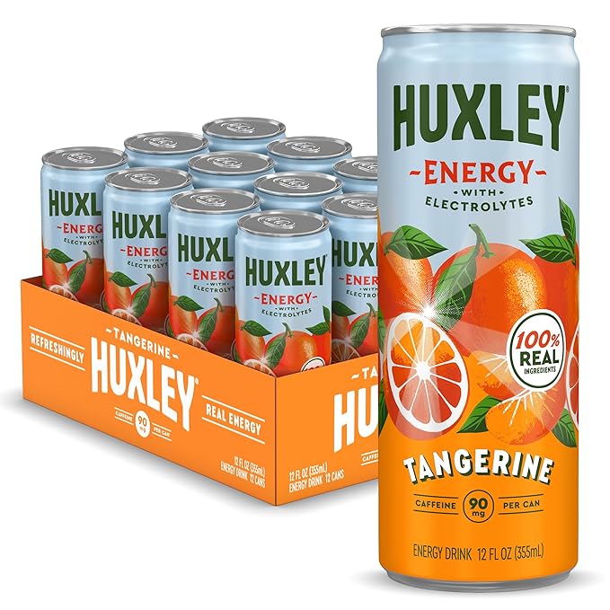 Huxley Superfruit Energy Drink Tangerine 90mg Natural Caffeine Electrolytes for Hydration 100% Real Ingredients 5g Organic Cane Sugar No Artificial Sweeteners or Flavors L-theanine for Sustaine